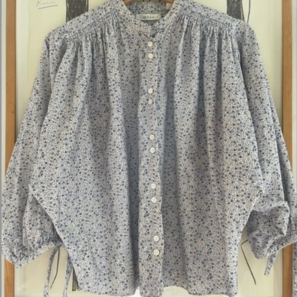 100% cotton prairie print Doen 3/4 sleeve blouse with ruched collar size XS
